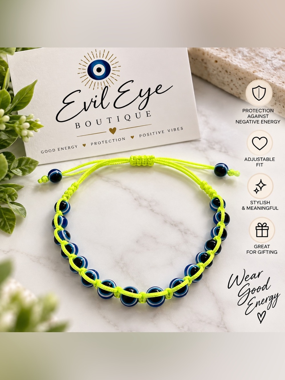 Neon Yellow Cord Bracelet with Blue Eye Beads #61